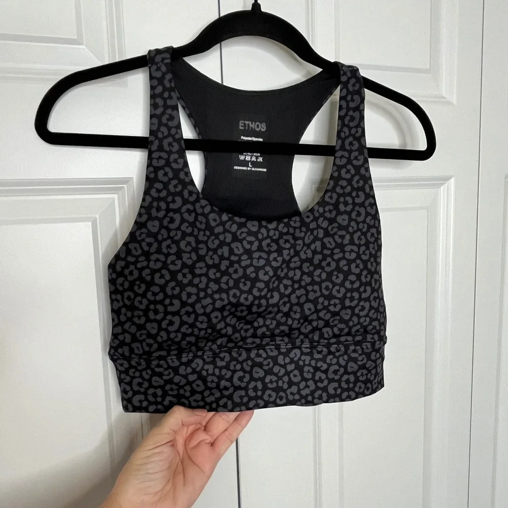 Ethos Leopard Print Longline‎ Sports Bra Black Gray Large